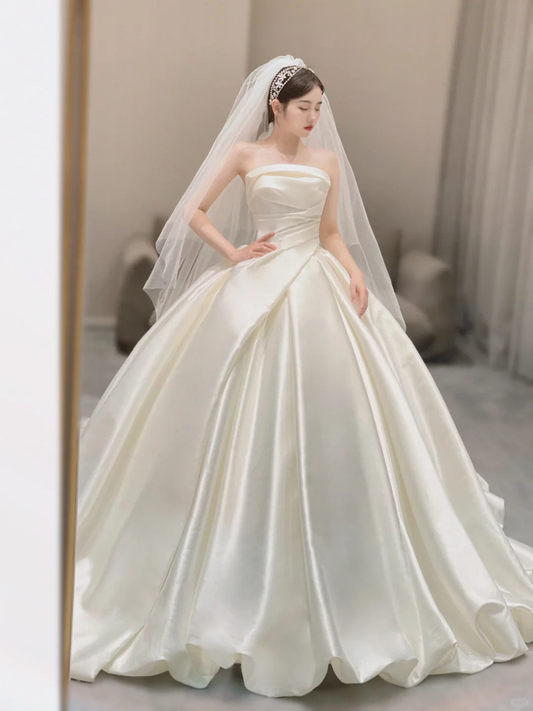 Timeless Ball Gown Strapless Long Satin White Sweep Train Wedding Dresses Brides Dress DP397