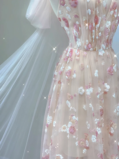 Classy A Line Halter Sleeveless Pink Floral Evening Dress Long Prom Dresses DP400