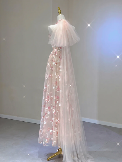 Classy A Line Halter Sleeveless Pink Floral Evening Dress Long Prom Dresses DP400