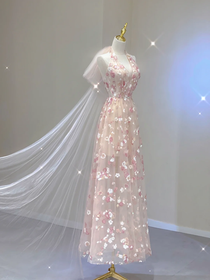 Classy A Line Halter Sleeveless Pink Floral Evening Dress Long Prom Dresses DP400