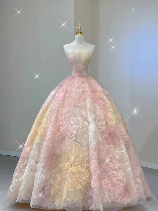 Pretty Ball Gown Strapless Pink Tulle Long Prom Dresses High School Outfits Evening Dresses DP401