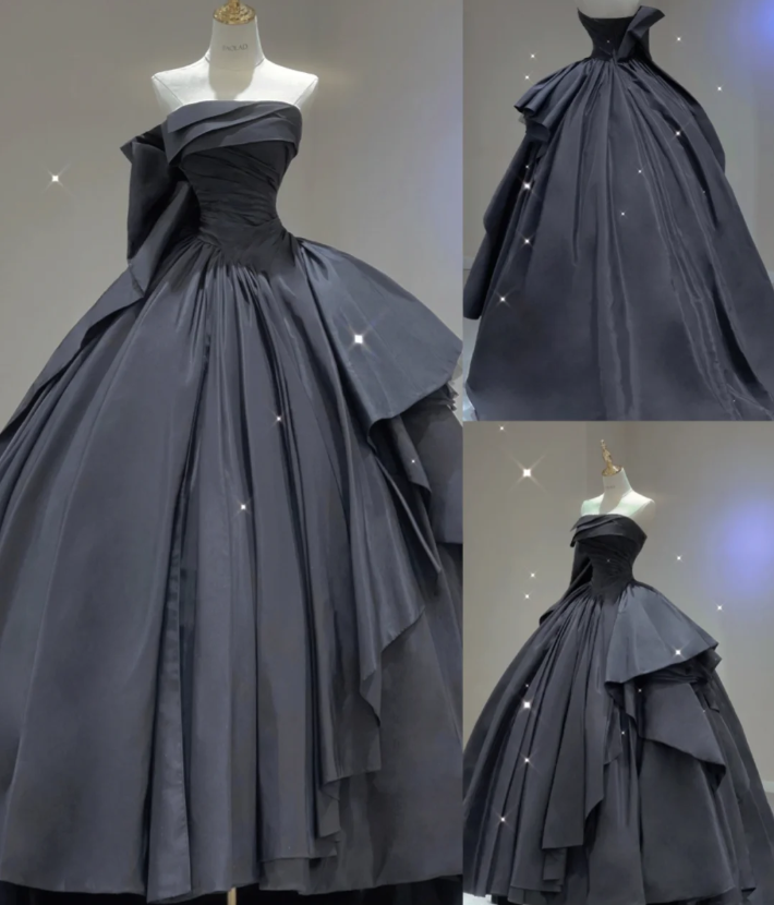 Modest Ball Gown Strapless Black Long Prom Dresses High School Outfits Graduation Dress Evening Dresses DP405