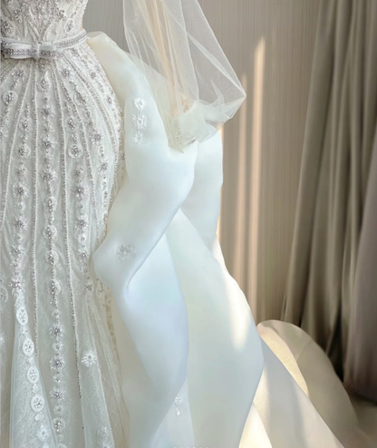 Luxury Mermaid Square Neckline Long White Wedding Dresses Brides Dress DP407