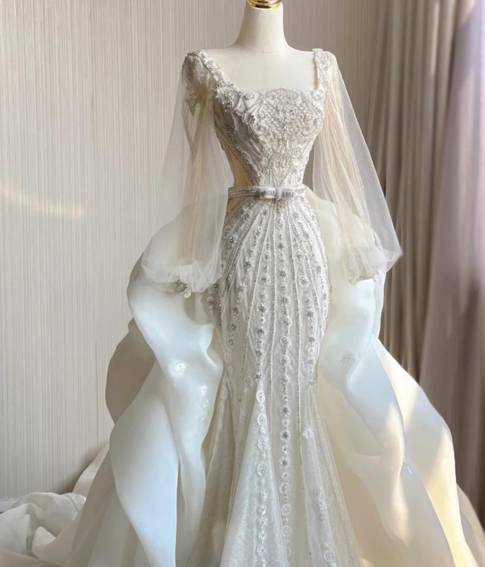 Luxury Mermaid Square Neckline Long White Wedding Dresses Brides Dress DP407