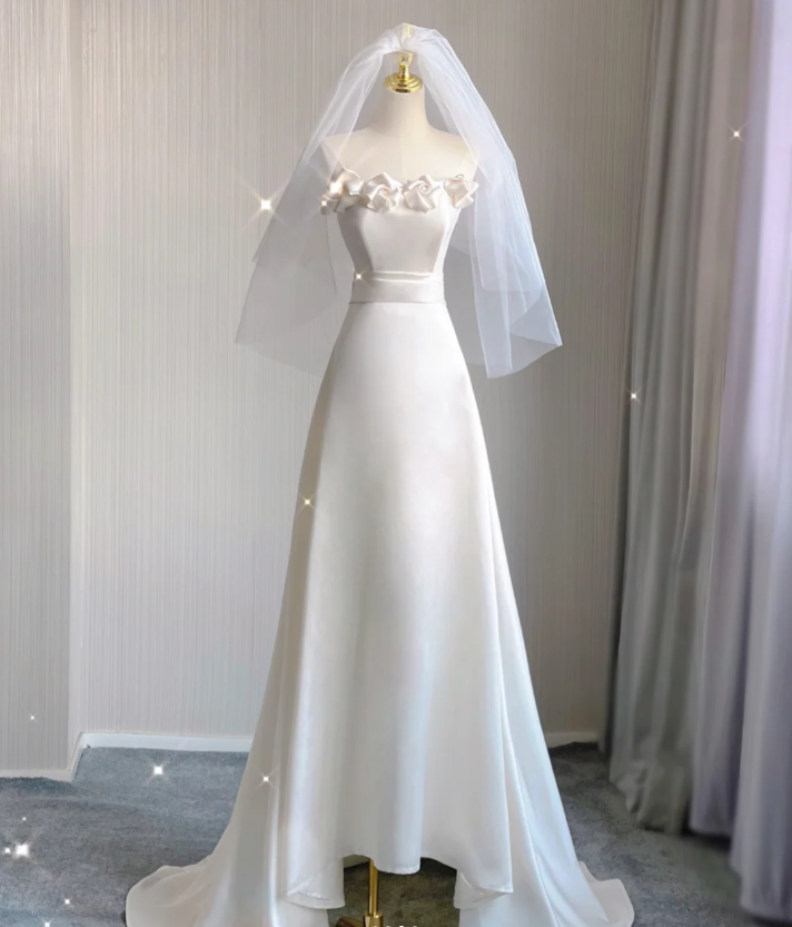 Unique A line Strapless Long White Wedding Dresses Summer Brides Dress DP408