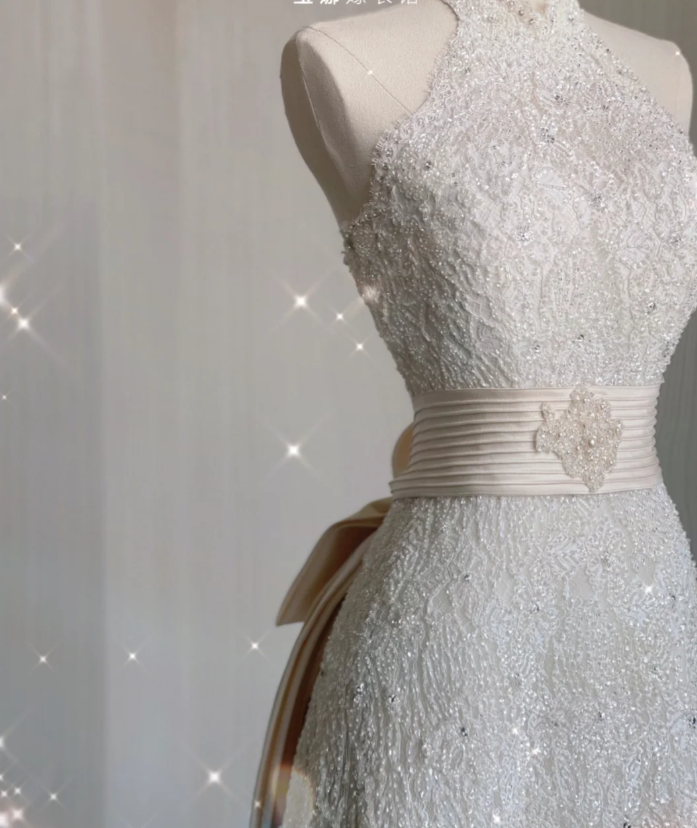 Unique A line High Neckline Lace Long White Wedding Dresses Summer Brides Dress DP409