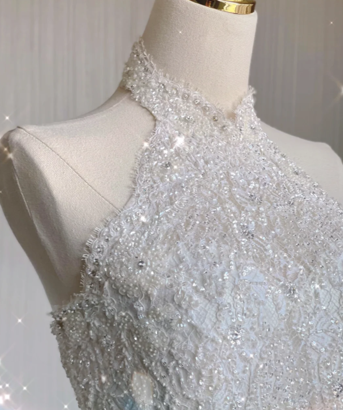 Unique A line High Neckline Lace Long White Wedding Dresses Summer Brides Dress DP409