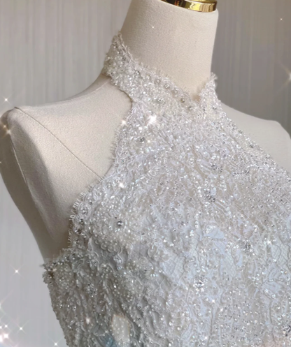 Unique A line High Neckline Lace Long White Wedding Dresses Summer Brides Dress DP409