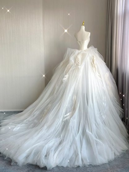 Timeless Ball Gown Strapless Long Satin White Sweep Train Wedding Dresses Brides Dress DP410