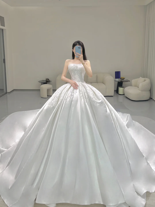 Timeless Ball Gown Strapless Long Satin White Sweep Train Wedding Dresses Brides Dress DP411