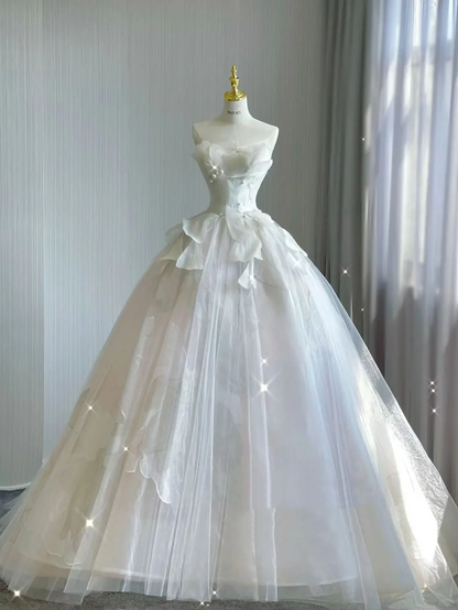 Timeless Ball Gown Strapless Long Tulle White Sweep Train Wedding Dresses Brides Dress DP414