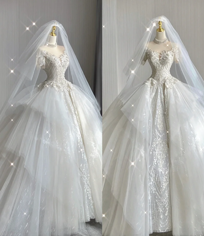 Unique Ball Gown High Neckline Lace Long White Wedding Dresses Summer Brides Dress DP416