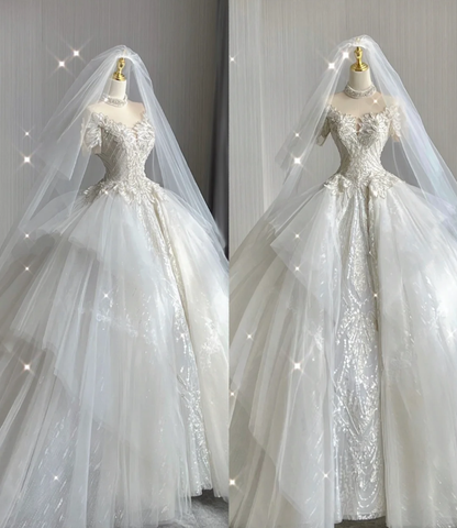 Unique Ball Gown High Neckline Lace Long White Wedding Dresses Summer Brides Dress DP416