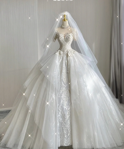 Unique Ball Gown High Neckline Lace Long White Wedding Dresses Summer Brides Dress DP416