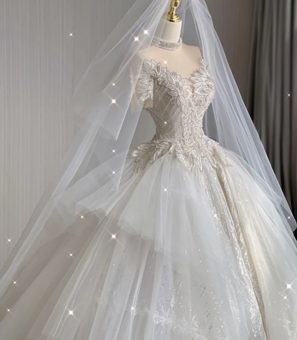 Unique Ball Gown High Neckline Lace Long White Wedding Dresses Summer Brides Dress DP416