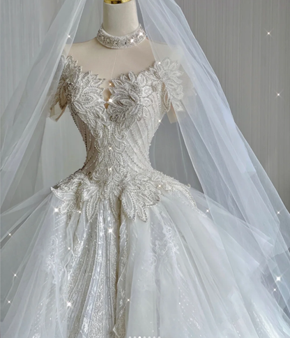 Unique Ball Gown High Neckline Lace Long White Wedding Dresses Summer Brides Dress DP416