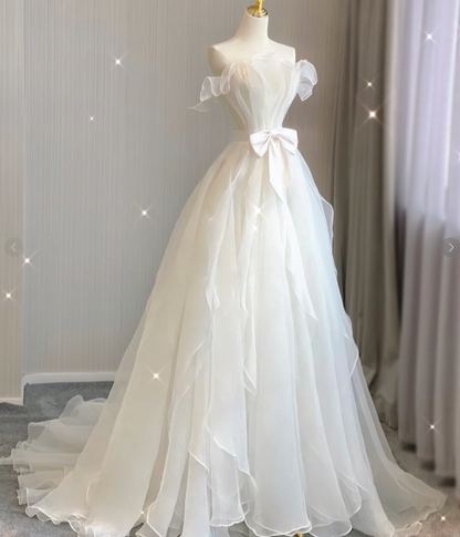 Timeless Ball Gown Strapless Long Tulle White Summer Wedding Dresses Brides Dress DP417