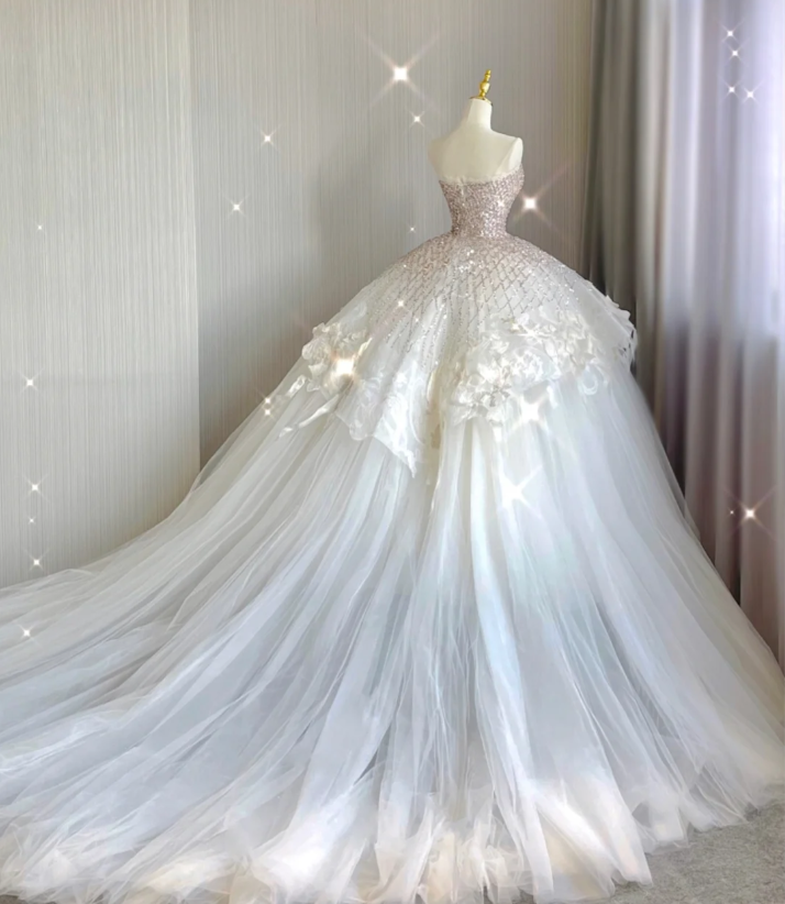 Unique Ball Gown Sweetheart Sequin Long White Wedding Dresses Brides Dress DP418