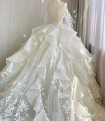 Unique Ball Gown Scoop Neckline Lace Long Sleeves White Wedding Dresses Brides Dress DP419