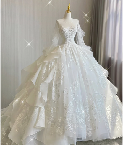 Unique Ball Gown Scoop Neckline Lace Long Sleeves White Wedding Dresses Brides Dress DP419
