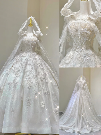 Unique Ball Gown Square Neckline Lace Long White Wedding Dresses Brides Dress DP421