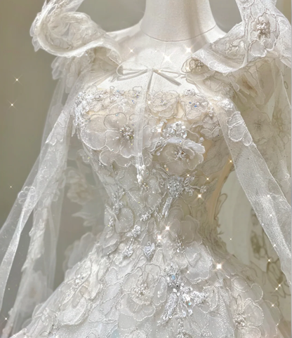 Unique Ball Gown Square Neckline Lace Long White Wedding Dresses Brides Dress DP421