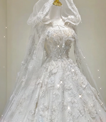 Unique Ball Gown Square Neckline Lace Long White Wedding Dresses Brides Dress DP421