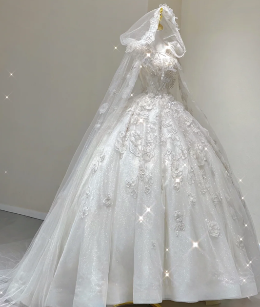 Unique Ball Gown Square Neckline Lace Long White Wedding Dresses Brides Dress DP421