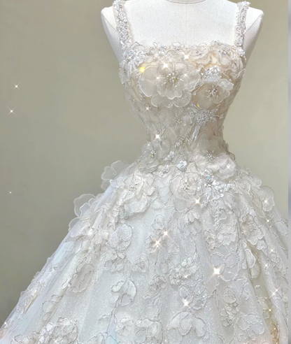 Unique Ball Gown Square Neckline Lace Long White Wedding Dresses Brides Dress DP421