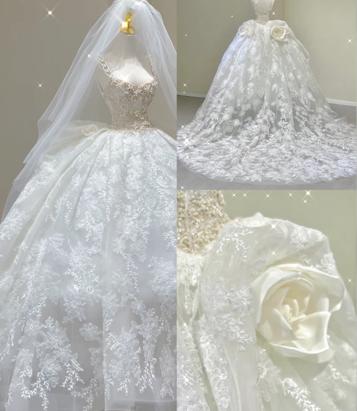 Dreamy Ball Gown Square Neckline Lace Long White Wedding Dresses Brides Dress DP422