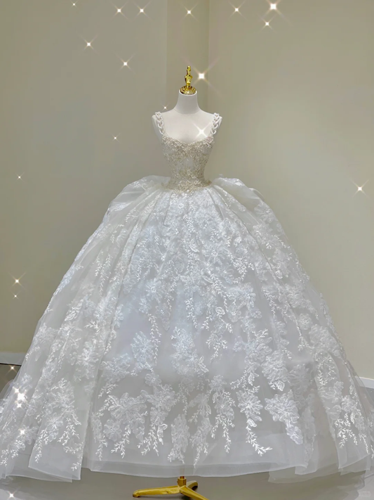 Dreamy Ball Gown Square Neckline Lace Long White Wedding Dresses Brides Dress DP422