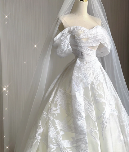 Timeless Ball Gown Off The Shoulder Satin Long White Summer Wedding Dresses Brides Dress DP423