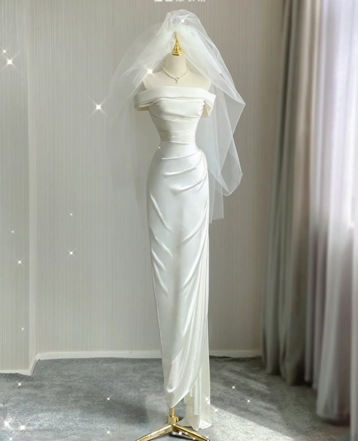 Simple Sheath Off The Shoulder Satin White Wedding Dresses Summer Brides Dress DP424