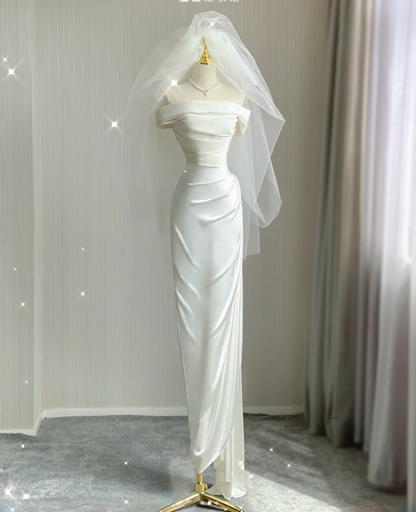 Simple Sheath Off The Shoulder Satin White Wedding Dresses Summer Brides Dress DP424
