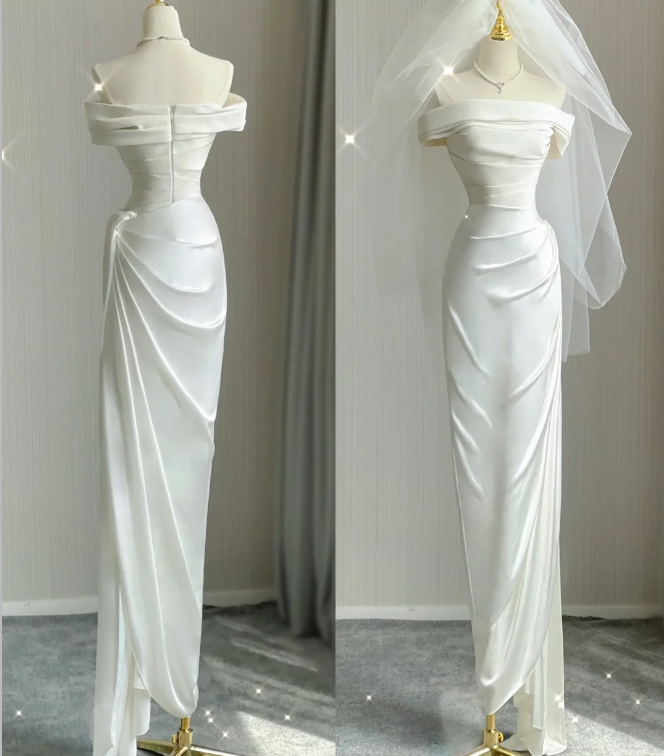 Simple Sheath Off The Shoulder Satin White Wedding Dresses Summer Brides Dress DP424