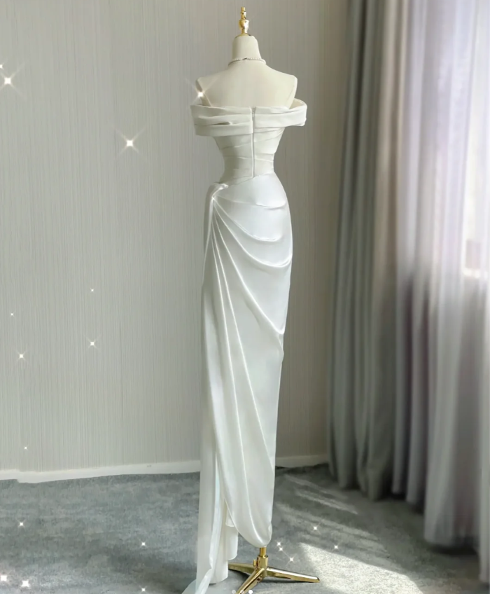 Simple Sheath Off The Shoulder Satin White Wedding Dresses Summer Brides Dress DP424