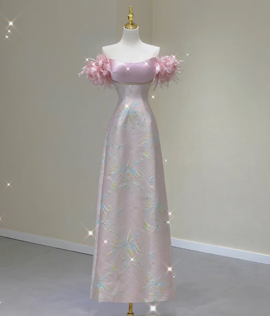 Classy A Line Off The Shoulder Satin Pink High School Evening Dress Long Prom Dresses DP426