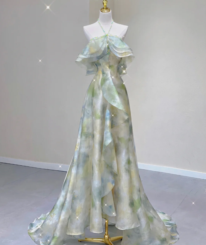 Classy A Line Halter Sleeveless Chiffon High School Evening Dress Long Green Prom Dresses DP427