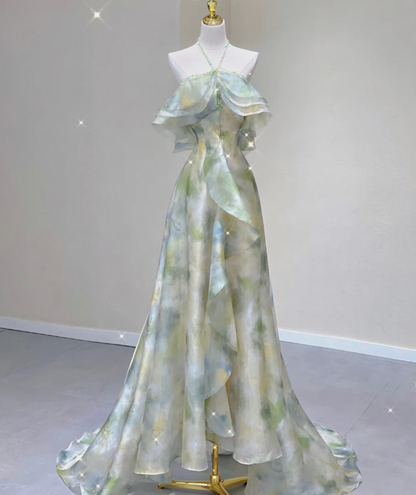 Classy A Line Halter Sleeveless Chiffon High School Evening Dress Long Green Prom Dresses DP427