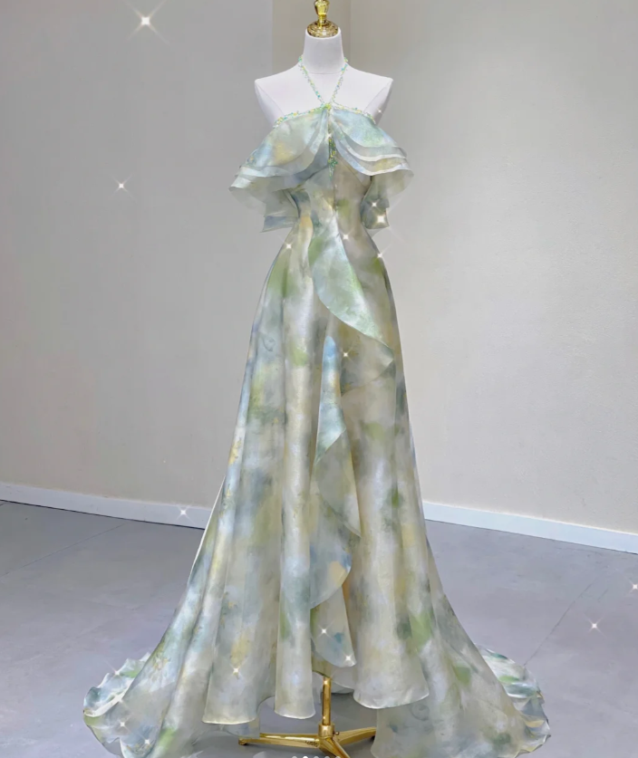 Classy A Line Halter Sleeveless Chiffon High School Evening Dress Long Green Prom Dresses DP427