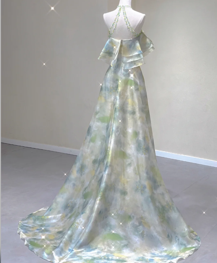 Classy A Line Halter Sleeveless Chiffon High School Evening Dress Long Green Prom Dresses DP427