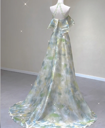 Classy A Line Halter Sleeveless Chiffon High School Evening Dress Long Green Prom Dresses DP427