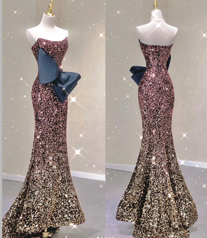 Pretty Mermaid Strapless Long Sequin Prom Dresses Graduation Dress High School Classy Evening Dresses DP428