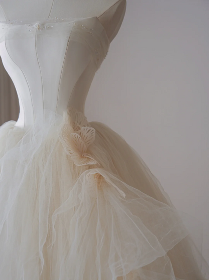 Timeless Ball Gown Strapless Long Tulle White Sweep Train Wedding Dresses Brides Dress DP435