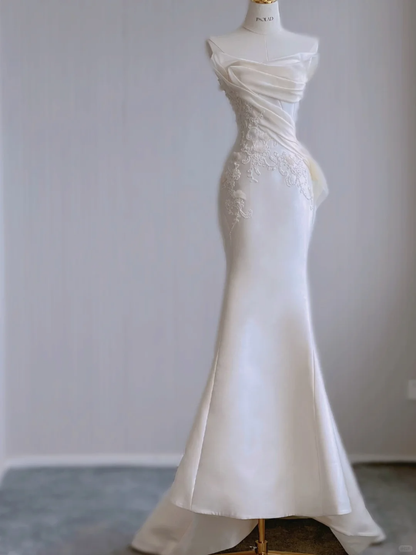 Dreamy Mermaid Strapless Long Satin Wedding Dresses Summer Brides Dress DP436