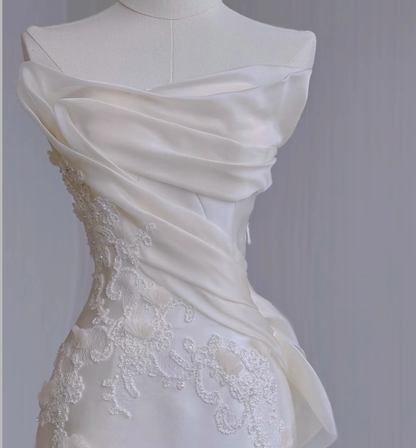 Dreamy Mermaid Strapless Long Satin Wedding Dresses Summer Brides Dress DP436