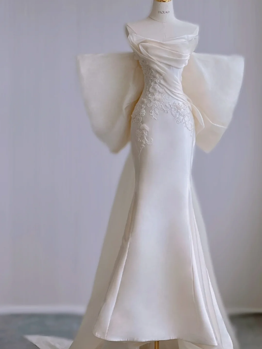 Dreamy Mermaid Strapless Long Satin Wedding Dresses Summer Brides Dress DP436