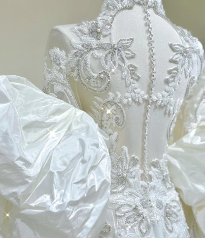 Luxury Mermaid High Neckline Long Sleeves  Lace White Wedding Dresses Brides Dress DP437