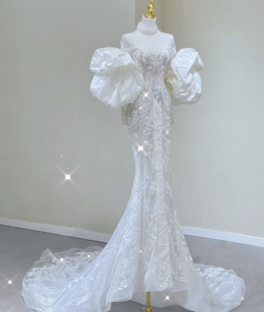 Luxury Mermaid High Neckline Long Sleeves  Lace White Wedding Dresses Brides Dress DP437