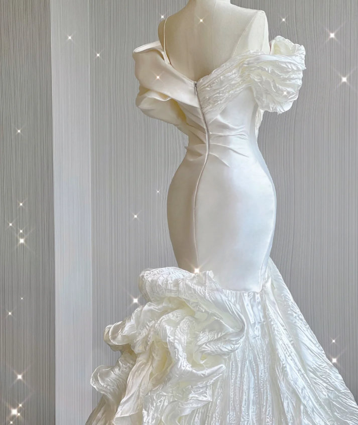 Timeless Mermaid Off The Shoulder White Short Sleeves Wedding Dresses Brides Dress DP439